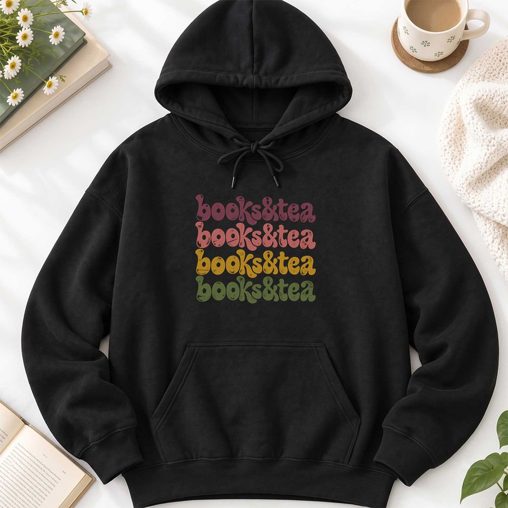 Books & Tea Retro Softstyle Hoodie | Cozy Book Lover Gift Black