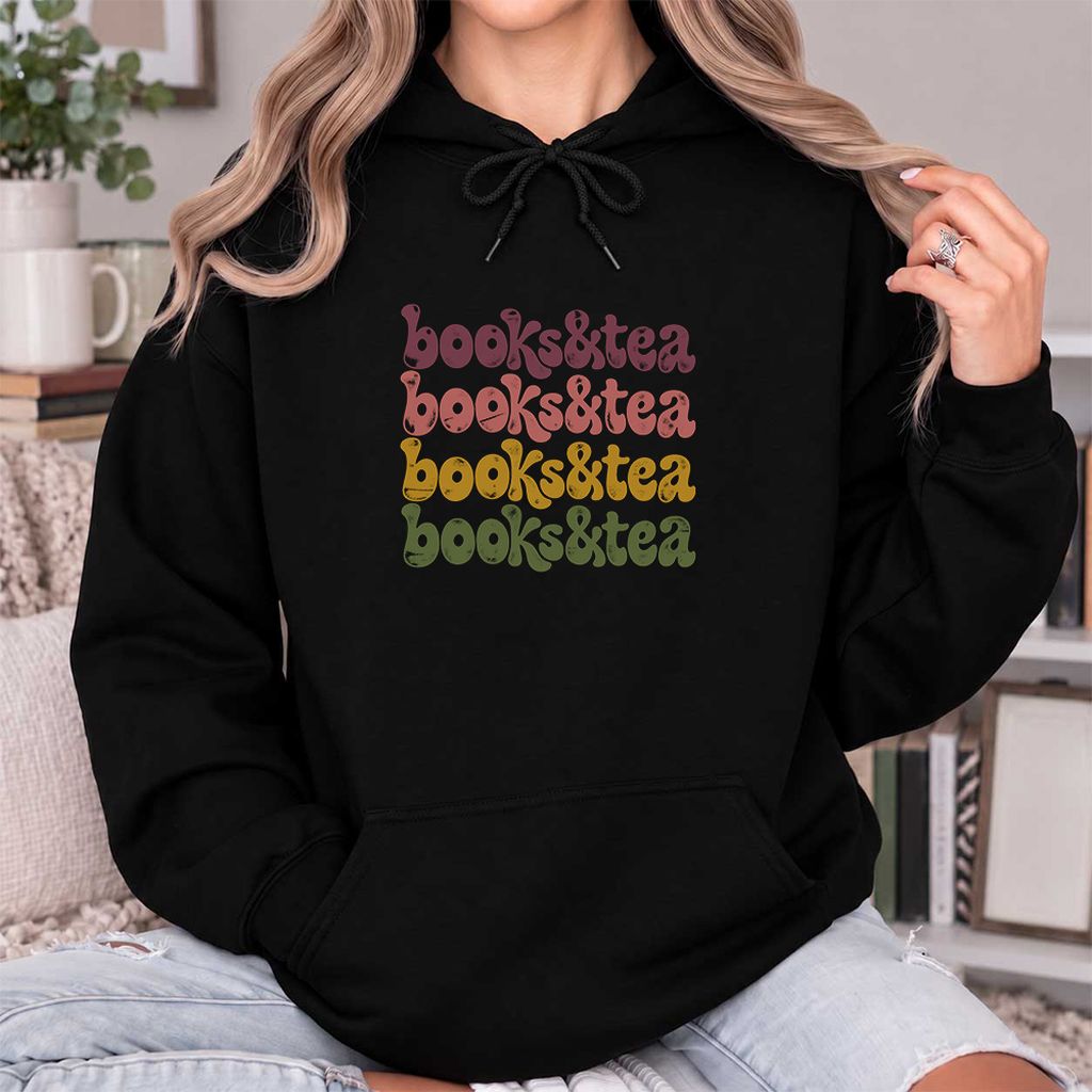 Books & Tea Retro Softstyle Hoodie | Cozy Book Lover Gift Black