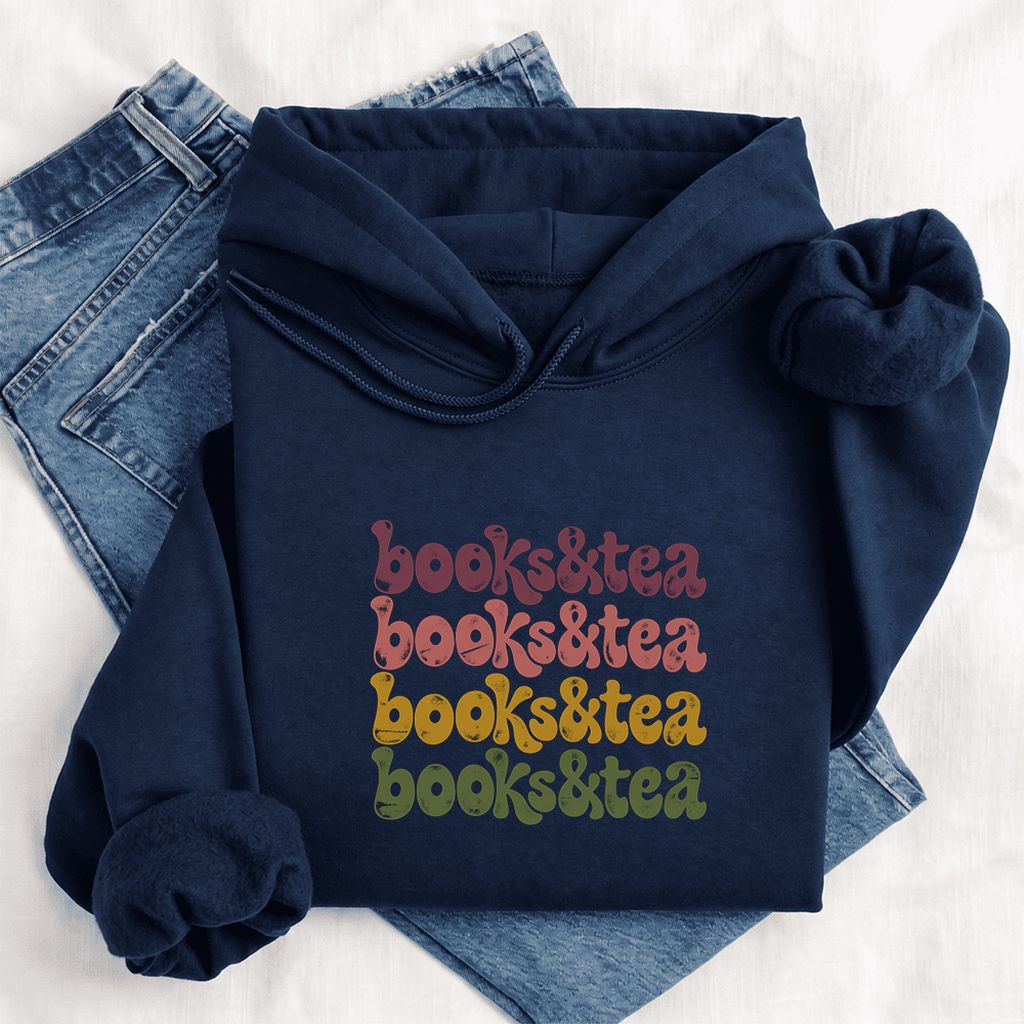 Books & Tea Retro Softstyle Hoodie | Cozy Book Lover Gift Navy