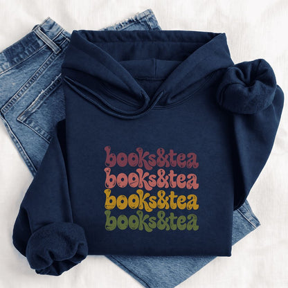 Books & Tea Retro Softstyle Hoodie | Cozy Book Lover Gift Navy