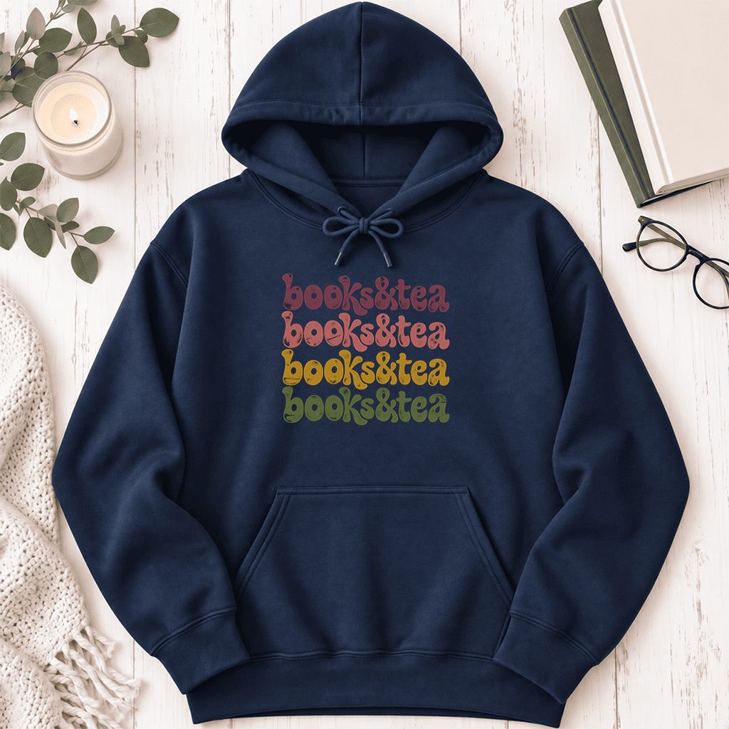 Books & Tea Retro Softstyle Hoodie | Cozy Book Lover Gift Navy