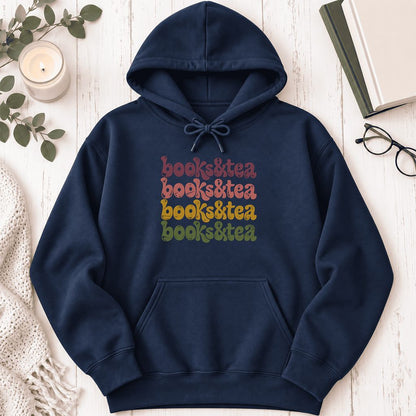 Books & Tea Retro Softstyle Hoodie | Cozy Book Lover Gift Navy