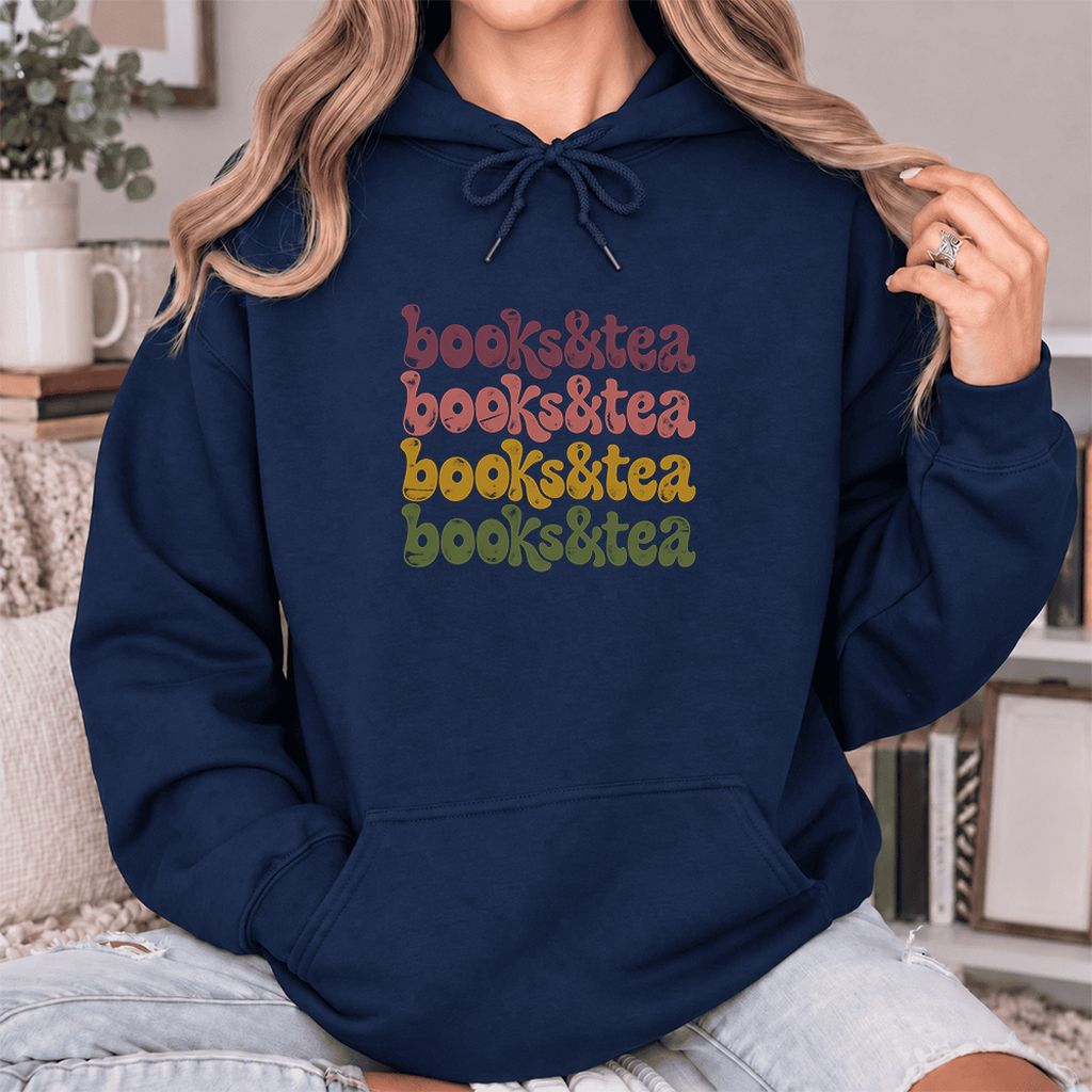 Books & Tea Retro Softstyle Hoodie | Cozy Book Lover Gift Navy