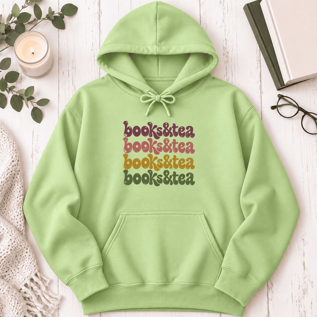 Books & Tea Retro Softstyle Hoodie | Cozy Book Lover Gift Pistachio