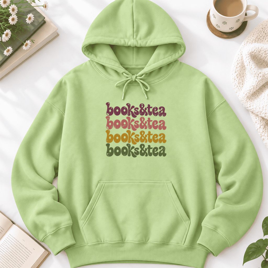 Books & Tea Retro Softstyle Hoodie | Cozy Book Lover Gift Pistachio