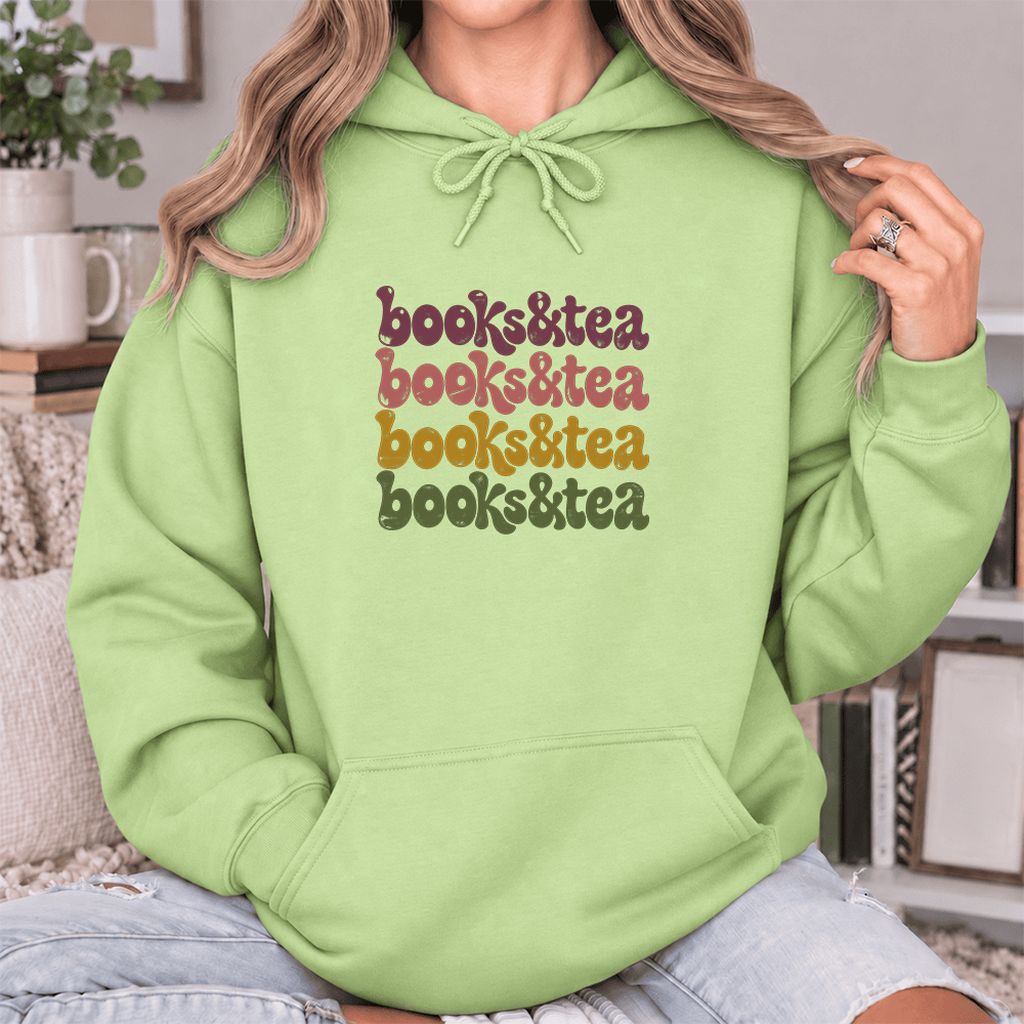 Books & Tea Retro Softstyle Hoodie | Cozy Book Lover Gift Pistachio