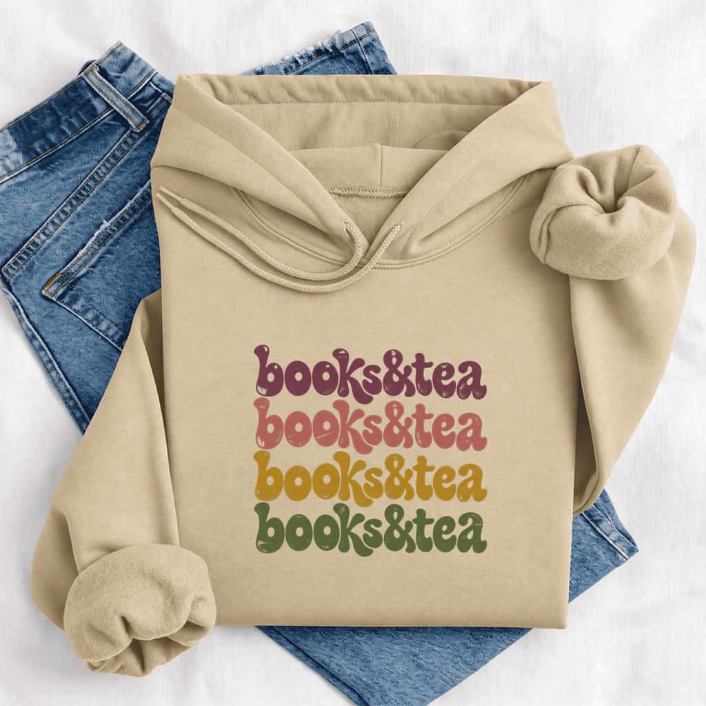 Books & Tea Retro Softstyle Hoodie | Cozy Book Lover Gift Sand