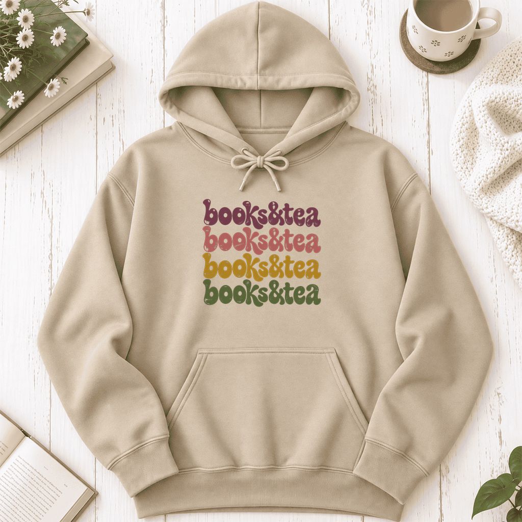 Books & Tea Retro Softstyle Hoodie | Cozy Book Lover Gift Sand