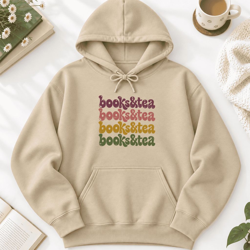 Books & Tea Retro Softstyle Hoodie | Cozy Book Lover Gift Sand