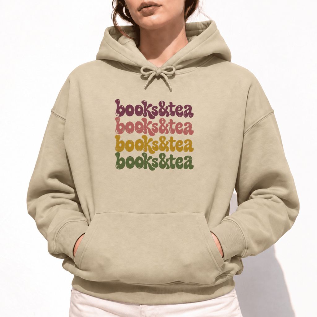 Books & Tea Retro Softstyle Hoodie | Cozy Book Lover Gift Sand