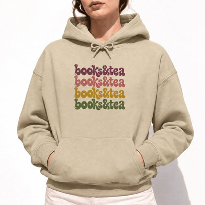Books & Tea Retro Softstyle Hoodie | Cozy Book Lover Gift Sand