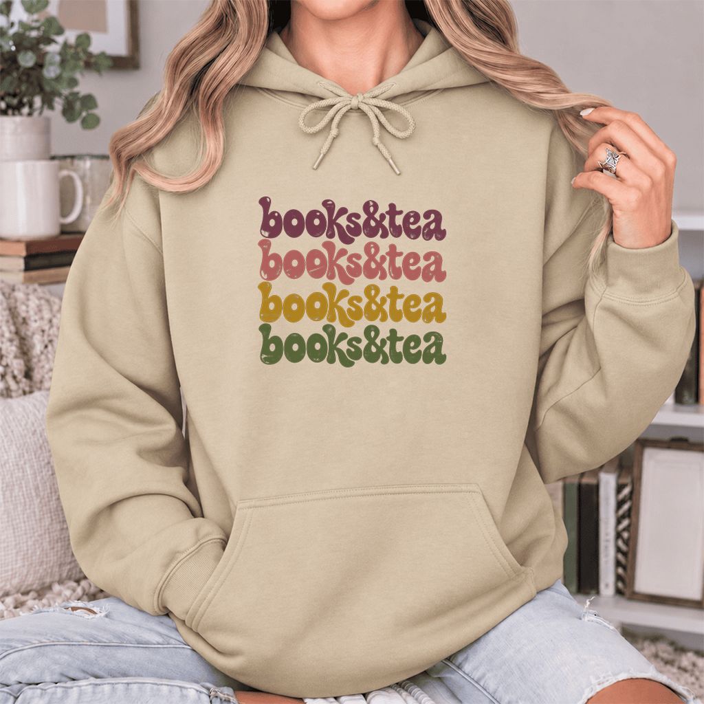 Books & Tea Retro Softstyle Hoodie | Cozy Book Lover Gift Sand