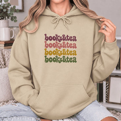 Books & Tea Retro Softstyle Hoodie | Cozy Book Lover Gift Sand