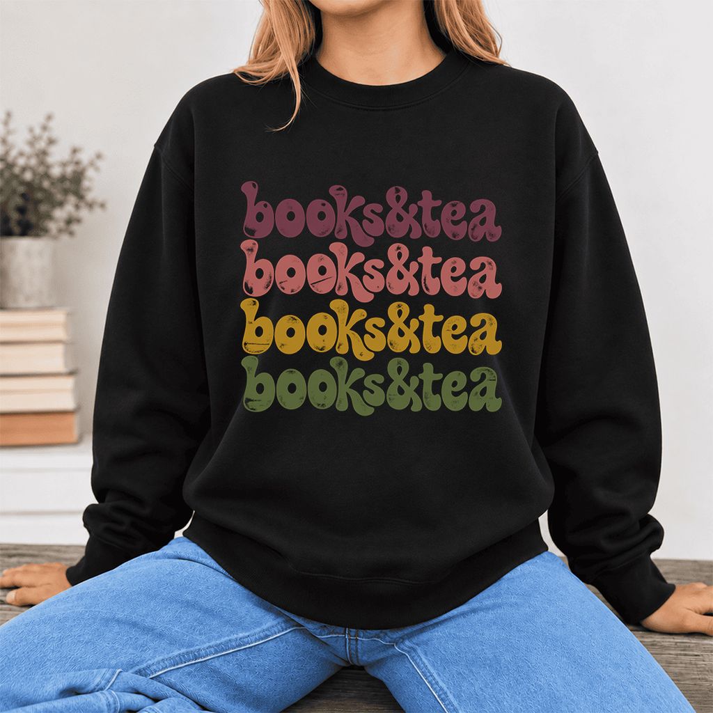 Books & Tea Retro Softstyle Sweatshirt | Cozy Book Lover Gift Black