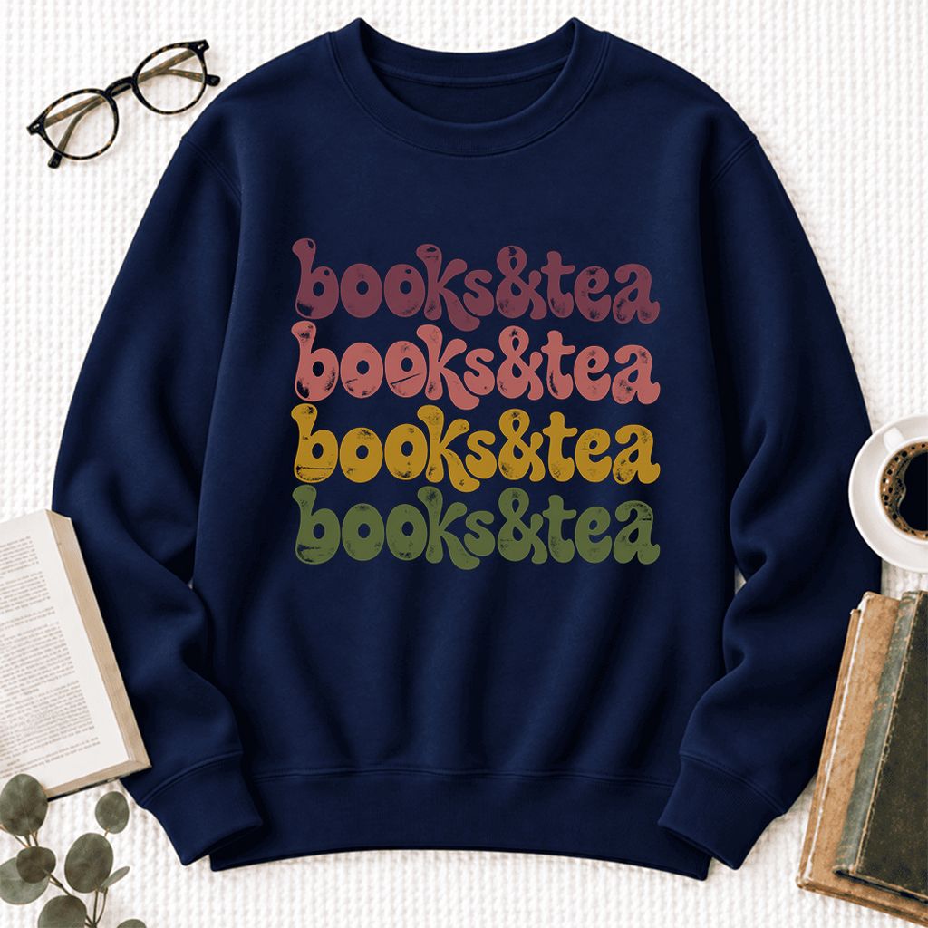 Books & Tea Retro Softstyle Sweatshirt | Cozy Book Lover Gift Navy
