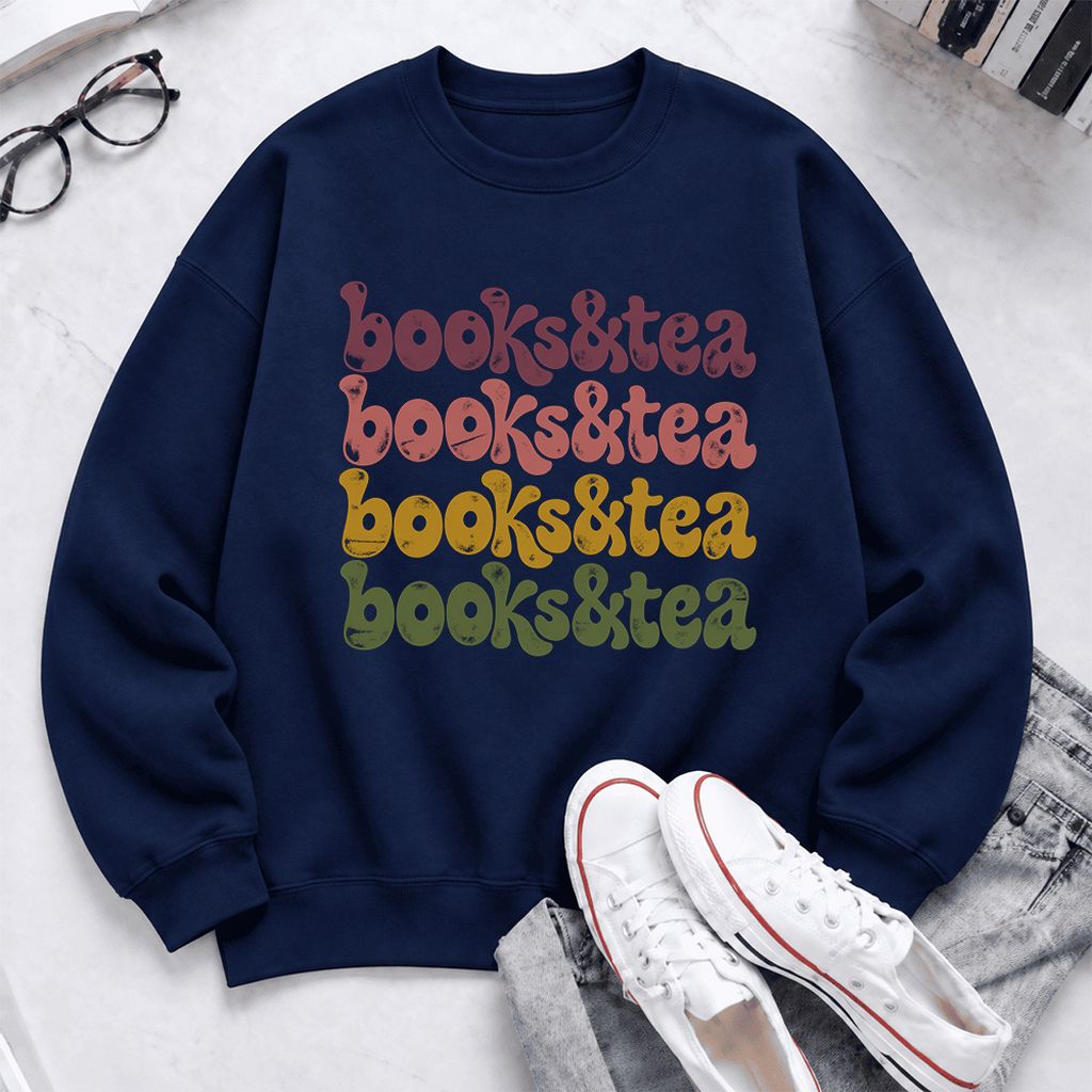 Books & Tea Retro Softstyle Sweatshirt | Cozy Book Lover Gift Navy