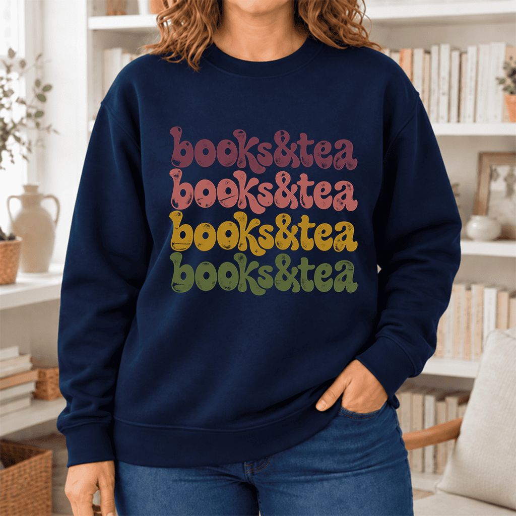 Books & Tea Retro Softstyle Sweatshirt | Cozy Book Lover Gift Navy