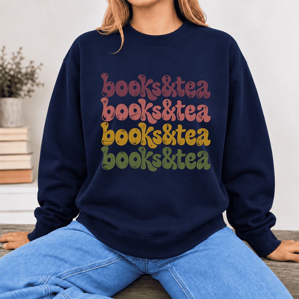Books & Tea Retro Softstyle Sweatshirt | Cozy Book Lover Gift Navy