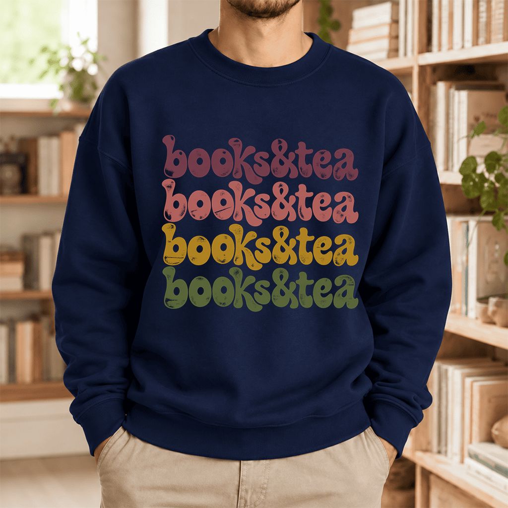 Books & Tea Retro Softstyle Sweatshirt | Cozy Book Lover Gift Navy