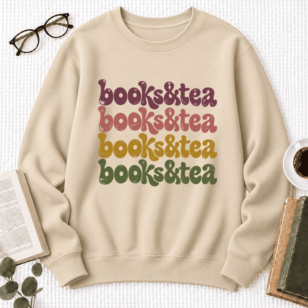 Books & Tea Retro Softstyle Sweatshirt | Cozy Book Lover Gift Sand