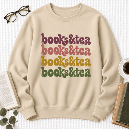 Books & Tea Retro Softstyle Sweatshirt | Cozy Book Lover Gift Sand