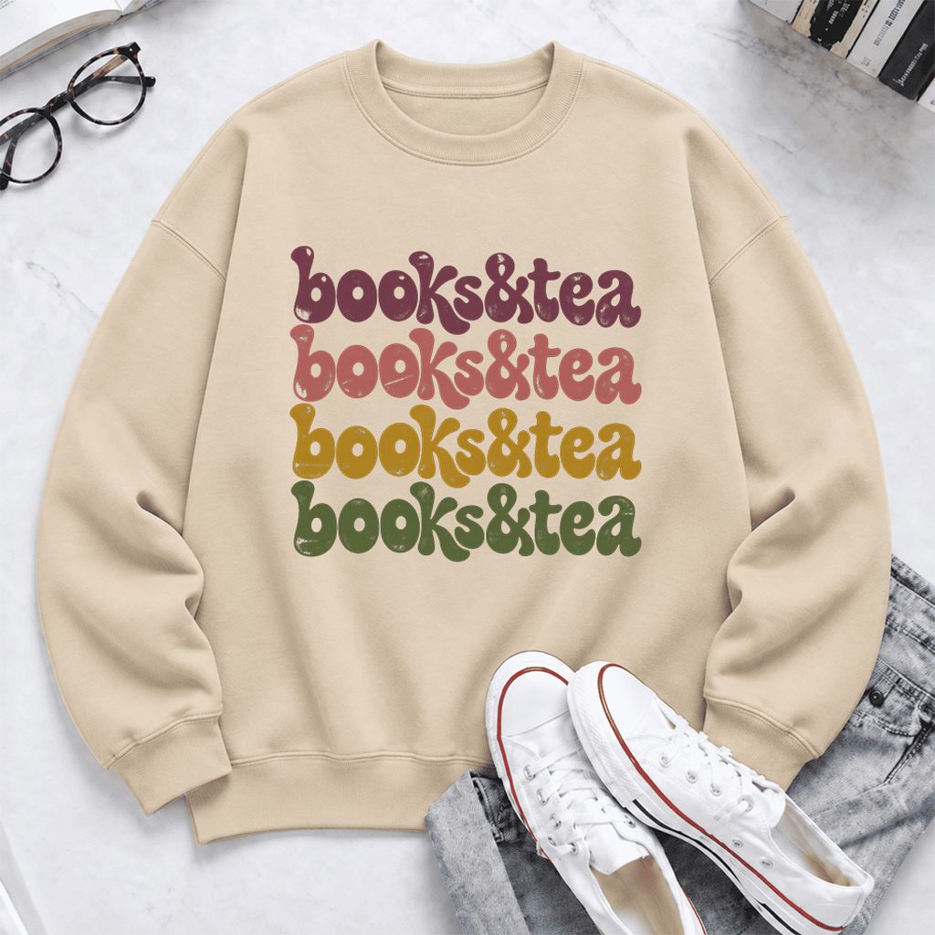 Books & Tea Retro Softstyle Sweatshirt | Cozy Book Lover Gift Sand