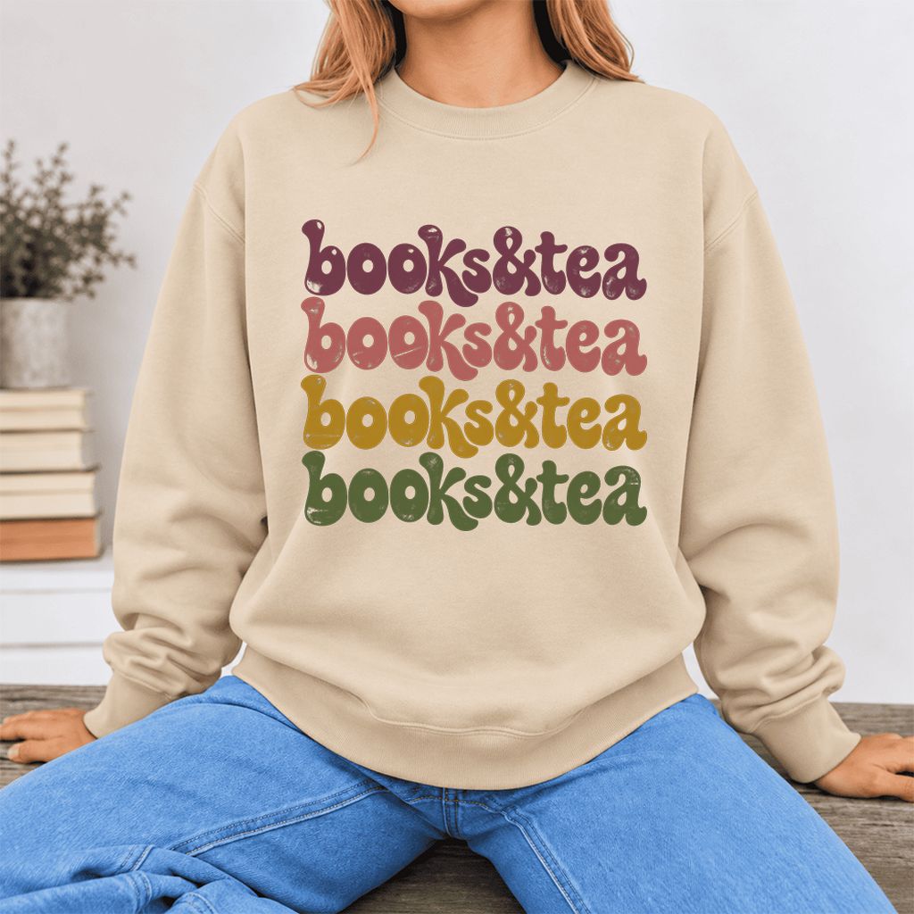 Books & Tea Retro Softstyle Sweatshirt | Cozy Book Lover Gift Sand