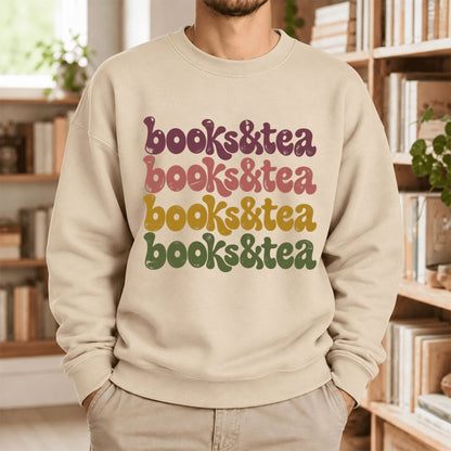Books & Tea Retro Softstyle Sweatshirt | Cozy Book Lover Gift Sand