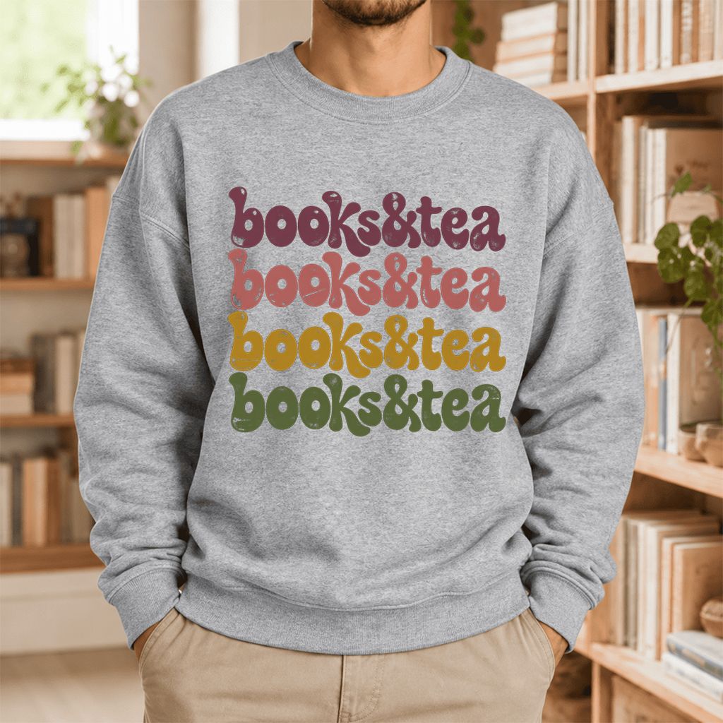 Books & Tea Retro Softstyle Sweatshirt | Cozy Book Lover Gift Sport Grey
