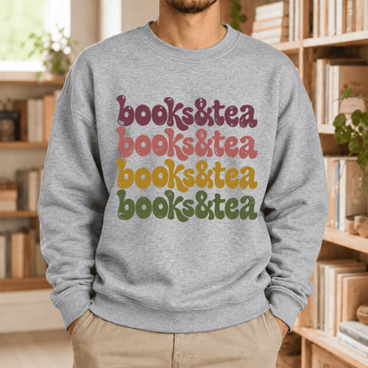 Books & Tea Retro Softstyle Sweatshirt | Cozy Book Lover Gift Sport Grey