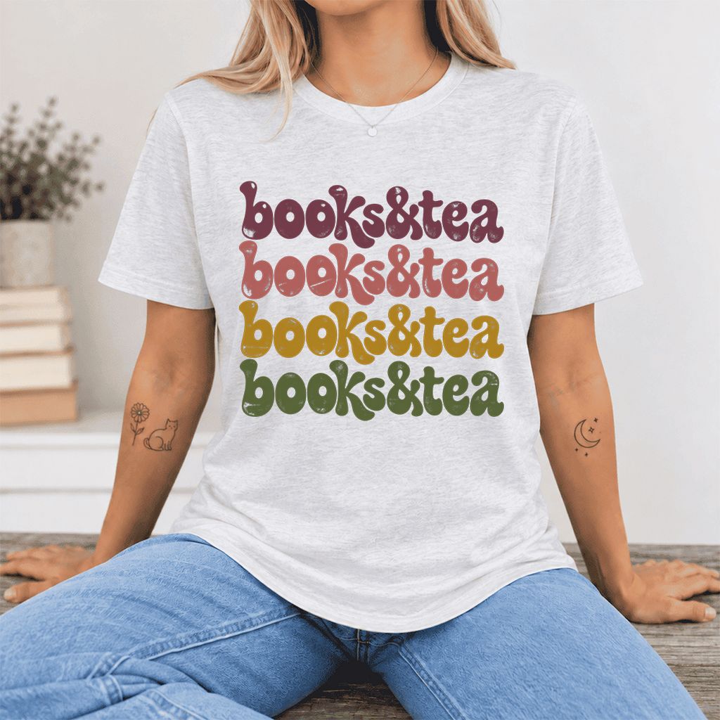 Books & Tea Retro Ultra-Soft Cotton T-Shirt | Cozy Book Lover Gift Ash