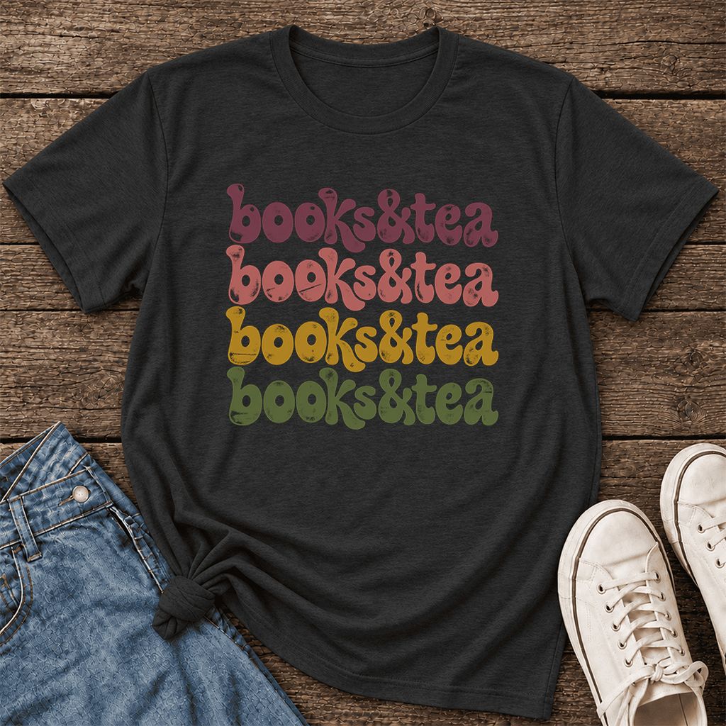 Books & Tea Retro Ultra-Soft Cotton T-Shirt | Cozy Book Lover Gift Black Heather