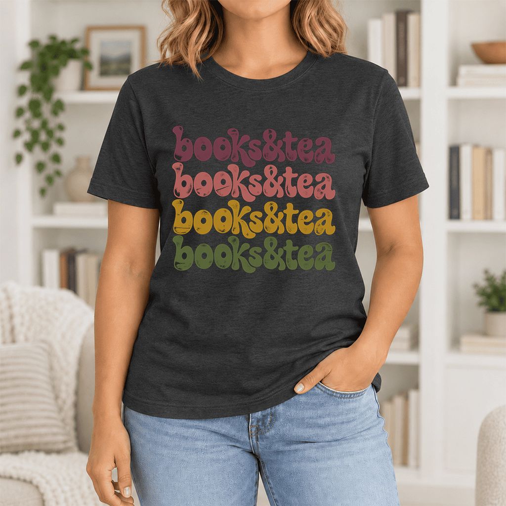 Books & Tea Retro Ultra-Soft Cotton T-Shirt | Cozy Book Lover Gift Black Heather