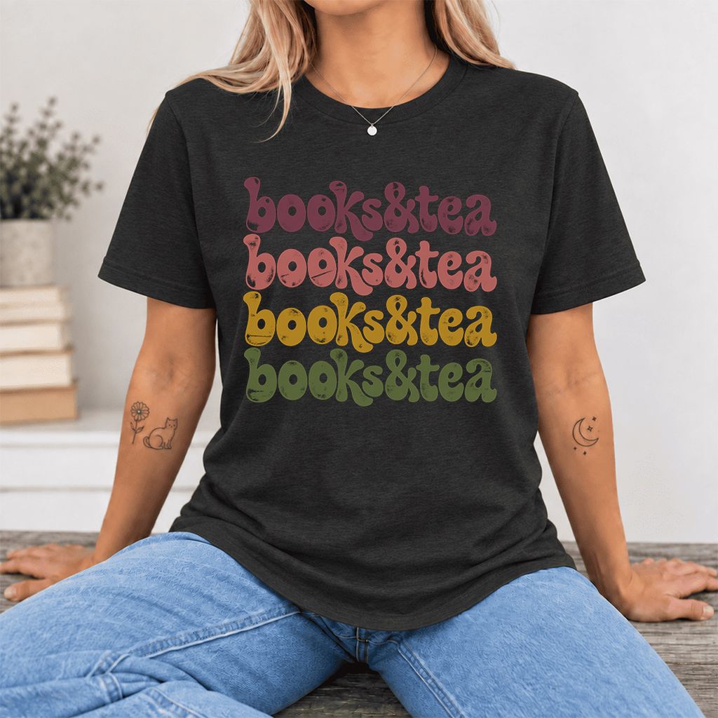 Books & Tea Retro Ultra-Soft Cotton T-Shirt | Cozy Book Lover Gift Black Heather