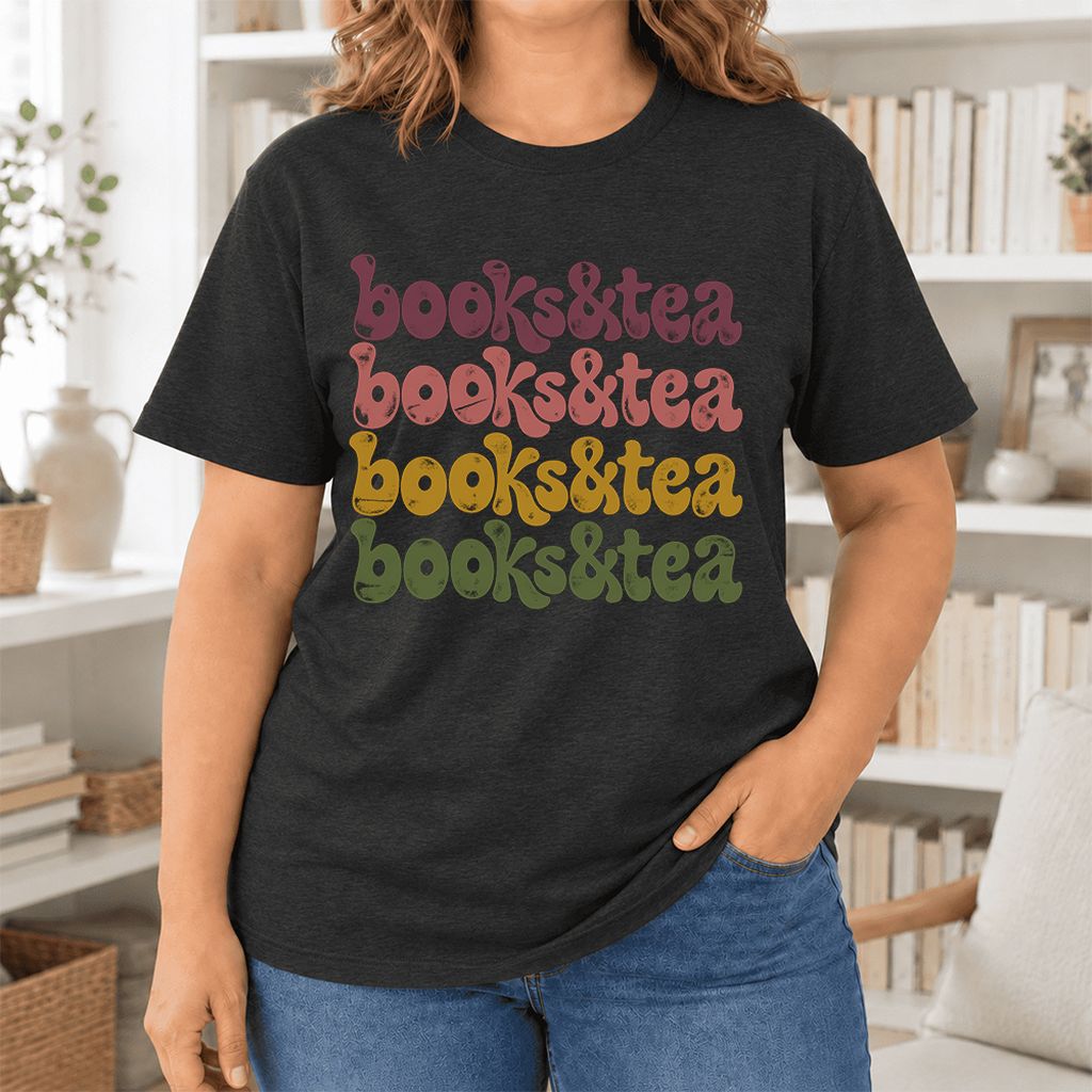 Books & Tea Retro Ultra-Soft Cotton T-Shirt | Cozy Book Lover Gift Black Heather