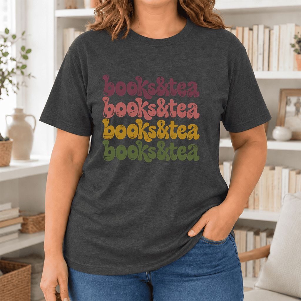 Books & Tea Retro Ultra-Soft Cotton T-Shirt | Cozy Book Lover Gift Dark Grey Heather