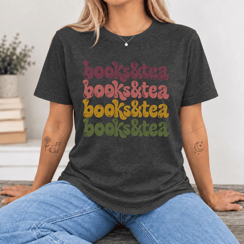 Books & Tea Retro Ultra-Soft Cotton T-Shirt | Cozy Book Lover Gift Dark Grey Heather
