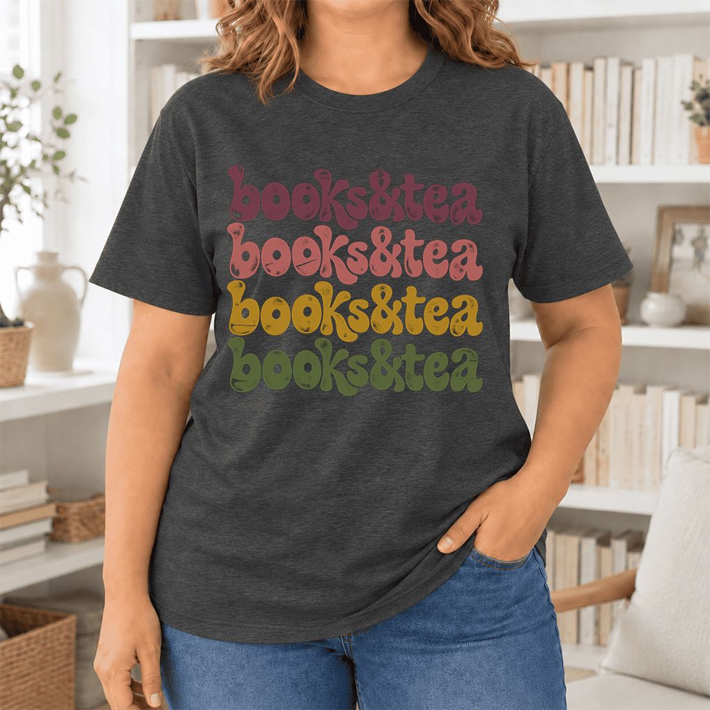 Books & Tea Retro Ultra-Soft Cotton T-Shirt | Cozy Book Lover Gift Dark Grey Heather