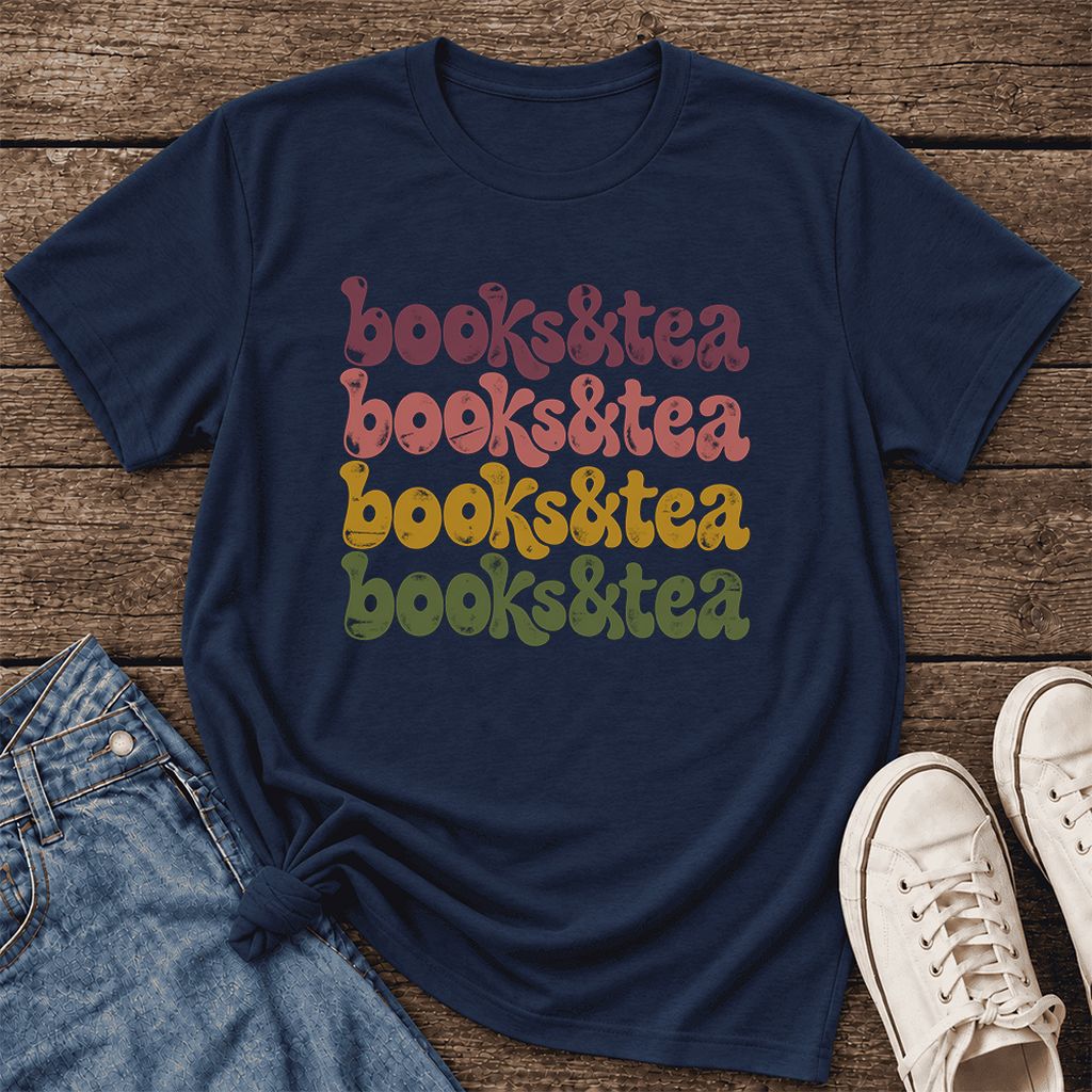 Books & Tea Retro Ultra-Soft Cotton T-Shirt | Cozy Book Lover Gift Navy