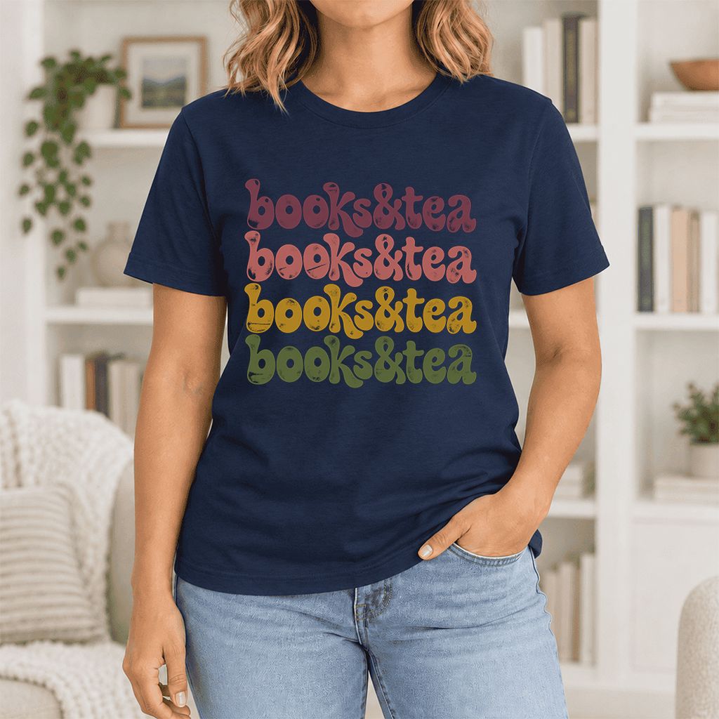 Books & Tea Retro Ultra-Soft Cotton T-Shirt | Cozy Book Lover Gift Navy