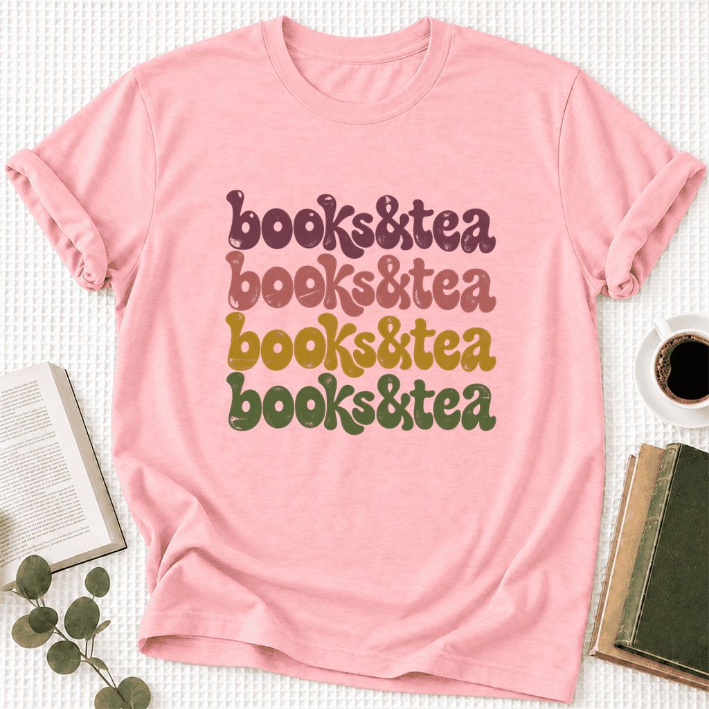 Books & Tea Retro Ultra-Soft Cotton T-Shirt | Cozy Book Lover Gift Pink