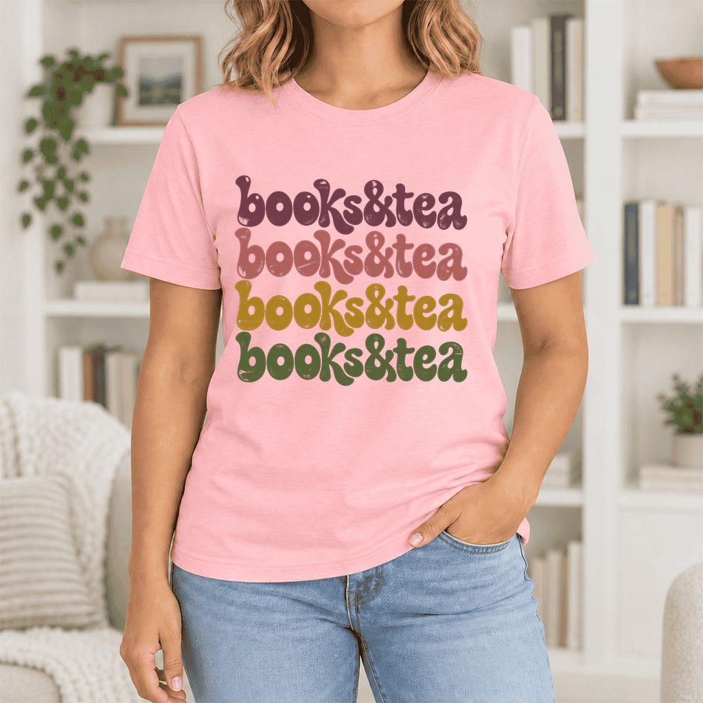 Books & Tea Retro Ultra-Soft Cotton T-Shirt | Cozy Book Lover Gift Pink
