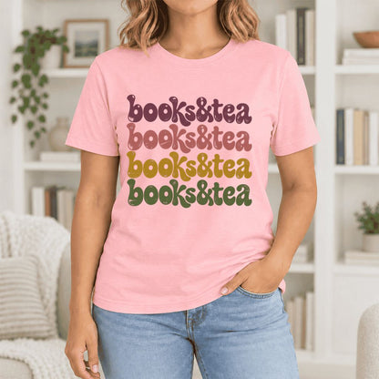 Books & Tea Retro Ultra-Soft Cotton T-Shirt | Cozy Book Lover Gift Pink
