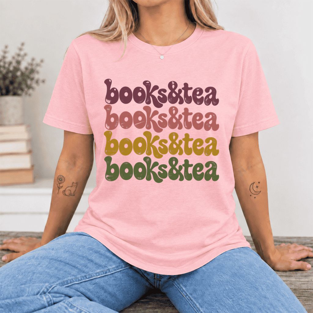 Books & Tea Retro Ultra-Soft Cotton T-Shirt | Cozy Book Lover Gift Pink