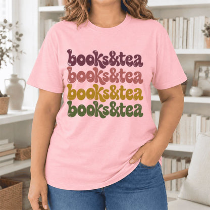 Books & Tea Retro Ultra-Soft Cotton T-Shirt | Cozy Book Lover Gift Pink