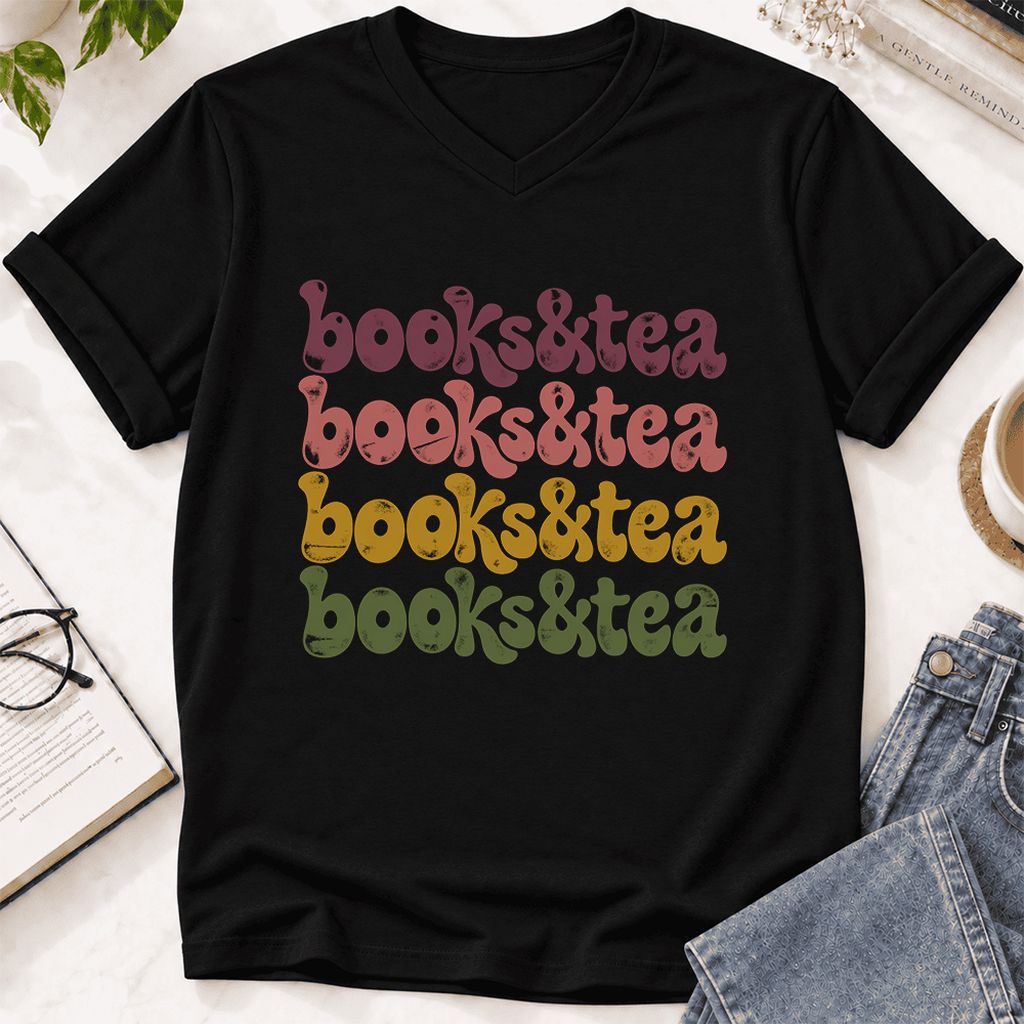 Books & Tea Retro Ultra-Soft V-Neck | Cozy Book Lover Gift Black