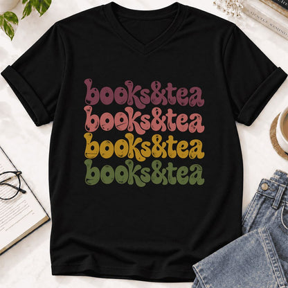 Books & Tea Retro Ultra-Soft V-Neck | Cozy Book Lover Gift Black