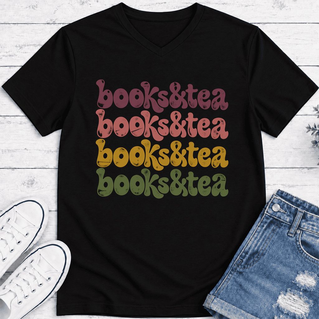 Books & Tea Retro Ultra-Soft V-Neck | Cozy Book Lover Gift Black