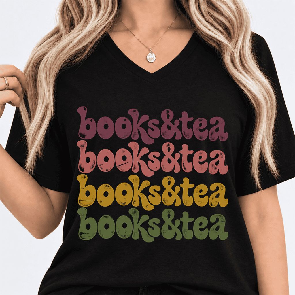 Books & Tea Retro Ultra-Soft V-Neck | Cozy Book Lover Gift Black