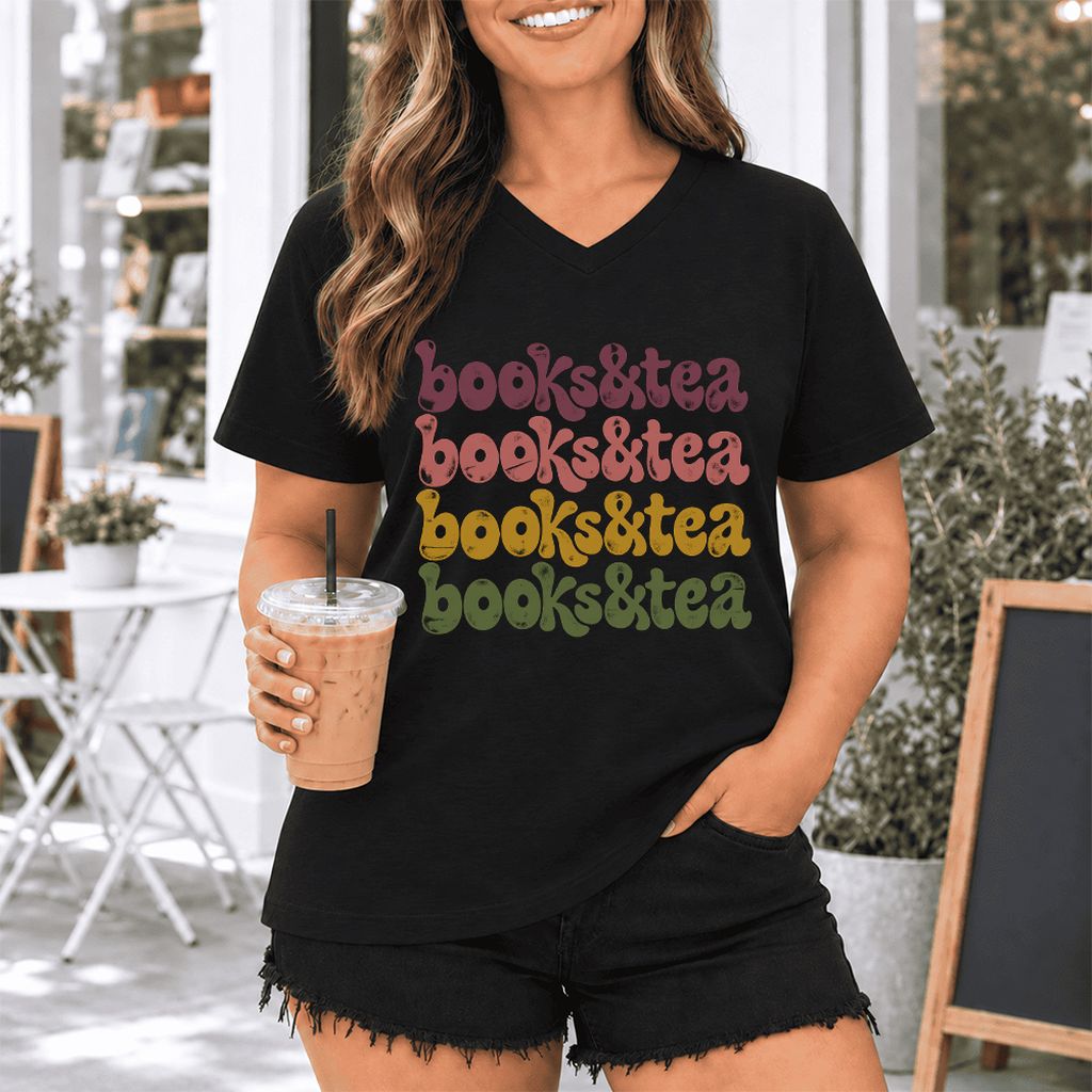 Books & Tea Retro Ultra-Soft V-Neck | Cozy Book Lover Gift Black